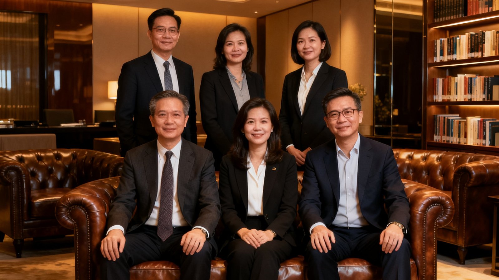 广东会贵宾厅创始团队五位核心成员在贵宾厅内合影，背景为暖色调灯光下的皮质沙发区与落地书架，展现专业且温馨的团队氛围
