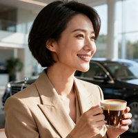 奔驰S级车主王女士的侧面半身照，干练短发搭配米色西装，手持咖啡杯微笑